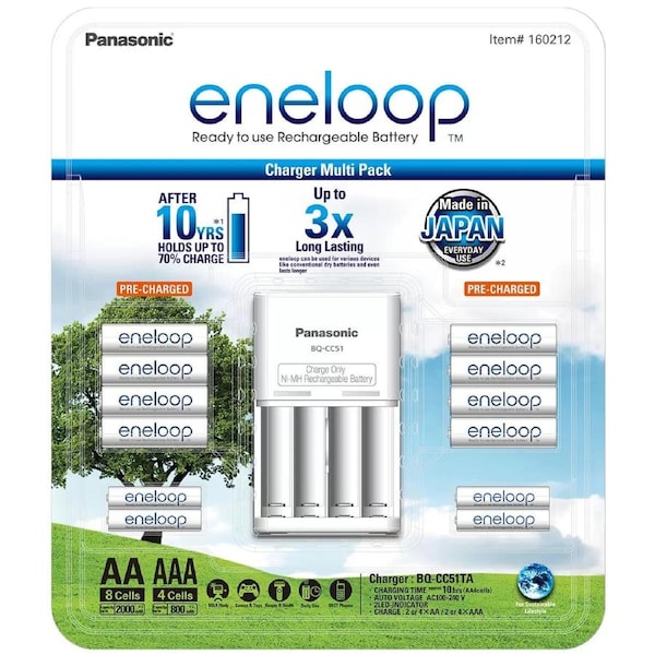 Panasonic Eneloop Charger Multi Pack with 8 AA & 4 AAA Pre-Charged Rechargeable Batteries Made in Japan