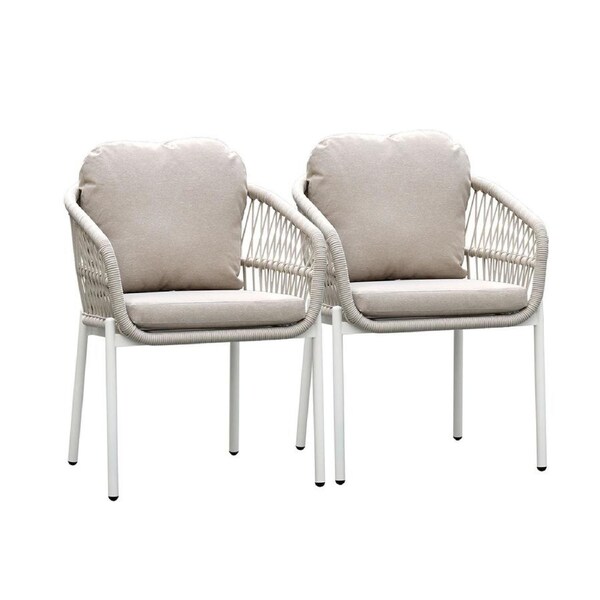 Bali White Aluminium Outdoor Dining Chairs with Arms – Beige Rope and Cushion (Set of 2)