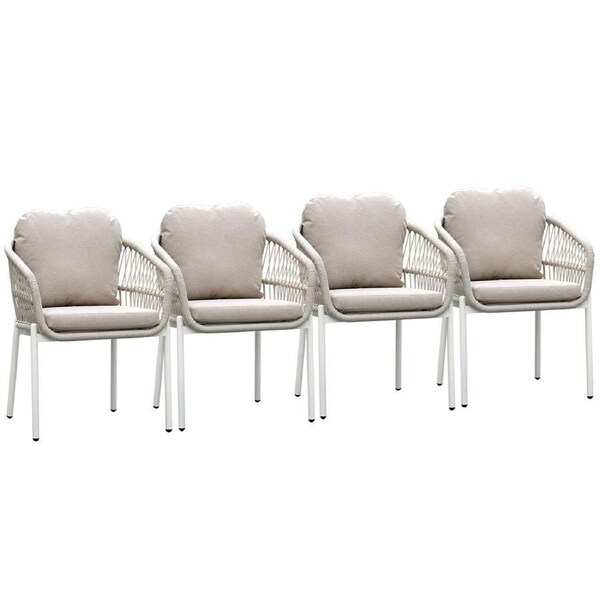 Bali White Aluminium Outdoor Dining Chairs with Arms – Beige Rope and Cushion (Set of 4)