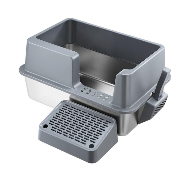 Cat Kitty Litter Box Stainless Steel Potty Pan Toilet Metal Tray High Sided Pet Furniture Semi Enclosed Feline Kitten Washroom Filter Pedal Ramp Scoop