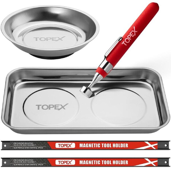 TOPEX 5 PCE Magnetic Parts Trays Tool Holder Strip with Pickup Set, Stainless Steel 5 - 3/8" x 9 - 3/8" Square and 6" Round Bowl Trays, 18" Magnet Bar