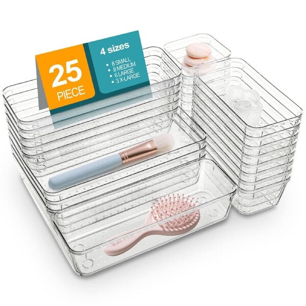 Stelive 25 PCS Clear Plastic Drawer Organisers Set, 4-Size Versatile Bathroom and Vanity Organiser Trays, Non-Slip Storage Containers & Bins