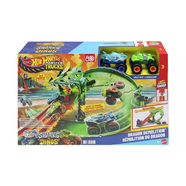 Hot Wheels Monster Trucks Sharks vs Dinos Dragon Demolition Track Set