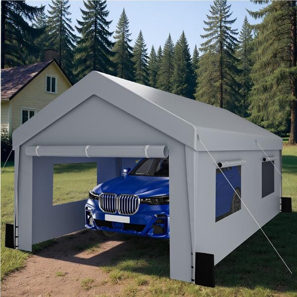 Advwin Carport 3x6m Outdoor Portable Garage with Removable and Roll-up Sidewalls/Doors - Grey