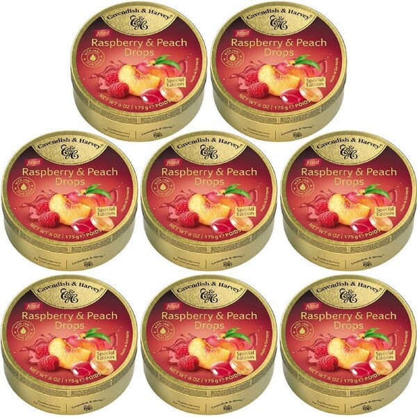 Cavendish & Harvey Raspberry & Peach Drops 175g Tin Sweets Candy Lollies x 8