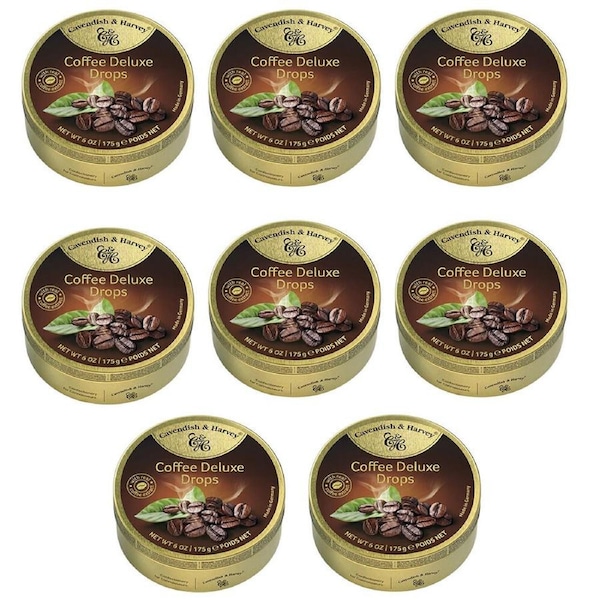 Cavendish & Harvey Deluxe Coffee Drops 175g Tin Sweets Candy Lollies x 8