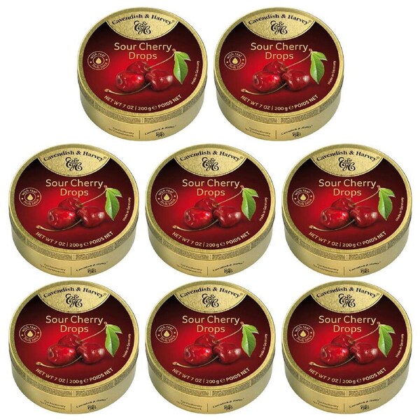 Cavendish & Harvey Sour Cherry Drops 200g Tin Sweets Candy Lollies x 8