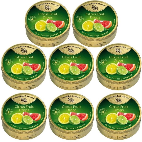 Cavendish & Harvey Citrus Fruit Drops 200g Tin Sweets Candy Lollies x 8