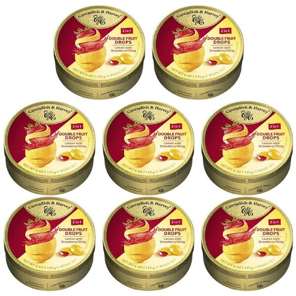 Cavendish & Harvey Double Fruit Lemon Drops Filled With Strawberry 175g Tin Sweets x 8
