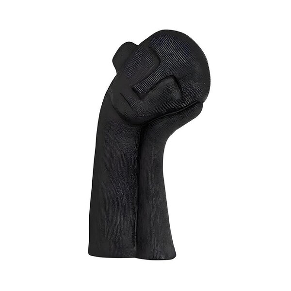 SOGA 38cm Black Minimalist Head Resin Sculpture with Hand at Side and Linear Texture for Home Decor