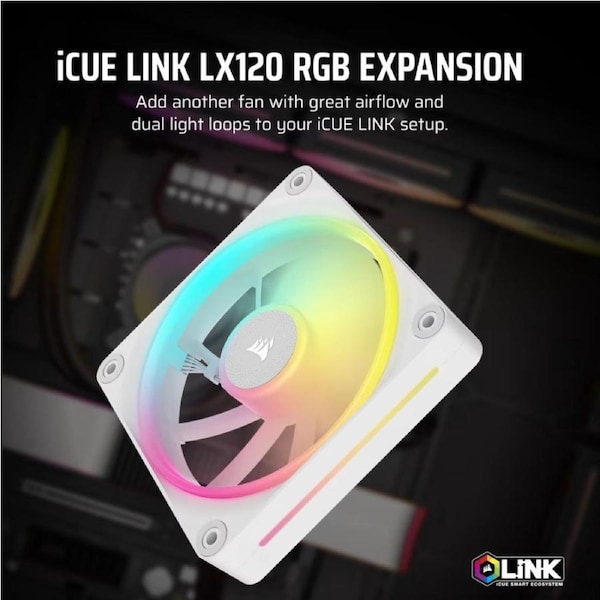 Corsair LX120 White, Single/ iCUE LINK LX120 RGB 120mm PWM Single Fan Expansion - White