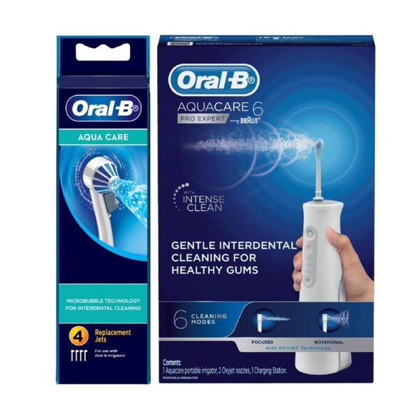 Oral-B AquaCare 6 Pro Expert Portable Irrigator Water Flosser + Replacement Jets 4 Pack Kit