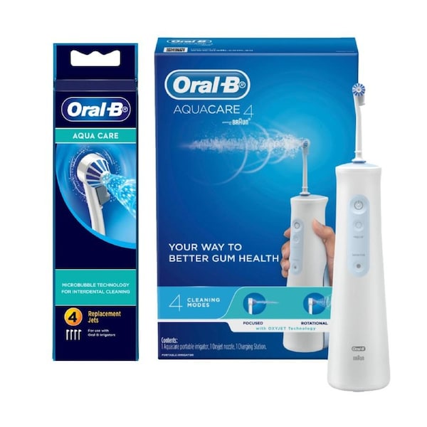 Oral-B AquaCare 4 Portable Irrigator Water Flosser + Replacement Jets 4 Pack Kit