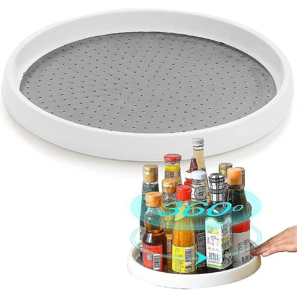 Turntable Cupboard Organizer, Rotating Spice Rack For Kitchen Storage & Organisation, Non-slip Condiment Holder, White Plastic Storage Tray Organiser