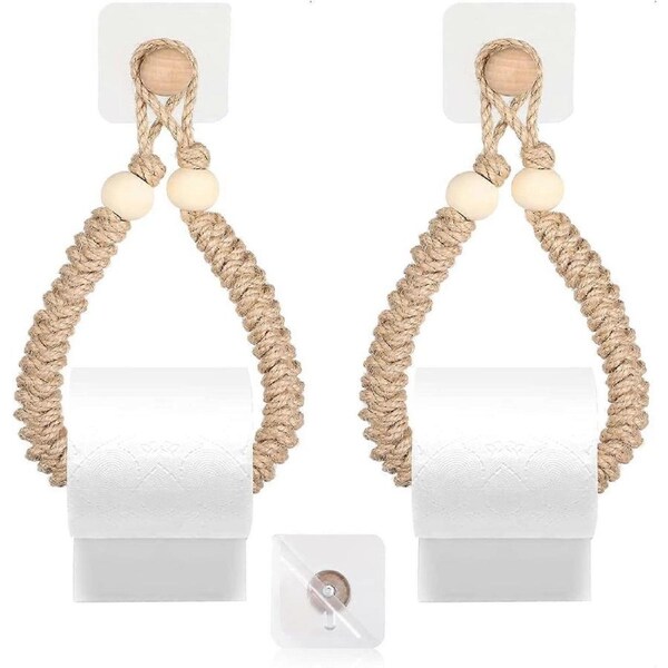 Pack of 2 Toilet Paper Holders, Vintage Jute Toilet Paper Holder with Rope, Self-Adhesive, Toilet Roll Holder