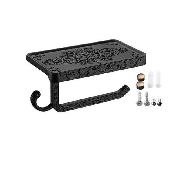 Black Paper Roll Rack with Phone Storage Shelf Aluminum Vintage Toilet Paper Towel Holder for Bathroom Black