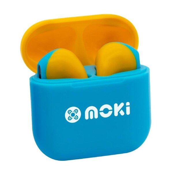 MokiPods Mini Wireless Earphones for Kids Volume Limited Blue & Yellow