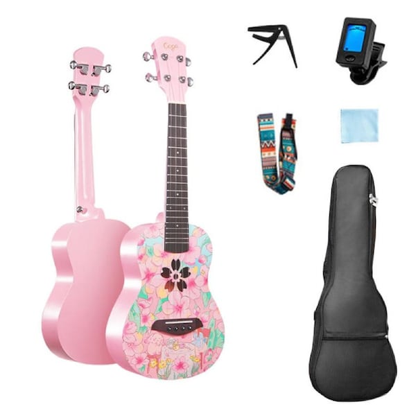 Nevenka Mahogany Wooden Ukulele Beginner Pack Instrument All in One Kit for Girls Boys-Peach 23Inch