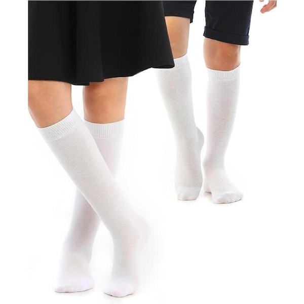 Knee High School Socks for Girls Boys Plain Cotton Rich Kids Seamless No Seam 6-11 (White)