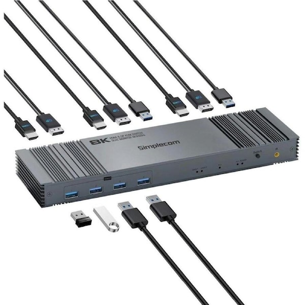 Simplecom KM490 HDMI and DisplayPort Dual Monitor KVM Switch for 2 Computers with 4-Port USB 3.0 Hub 5Gbps 8K@60Hz