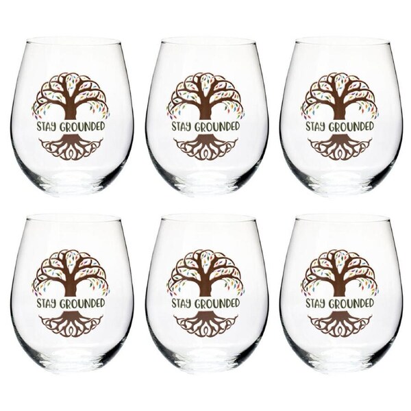 6PK Tallulah Wellness Stemless Wine Glass Tumbler Drinkware Tree of Life Clear