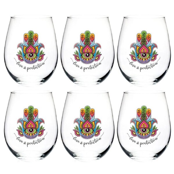 6PK Tallulah Wellness Stemless Wine Glass Tumbler Drinkware Hamsa Clear
