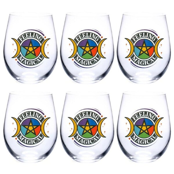 6PK Tallulah Wellness Stemless Wine Glass Tumbler Drinkware Pentacle Clear