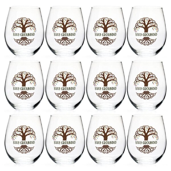 12PK Tallulah Wellness Stemless Wine Glass Tumbler Drinkware Tree of Life Clear
