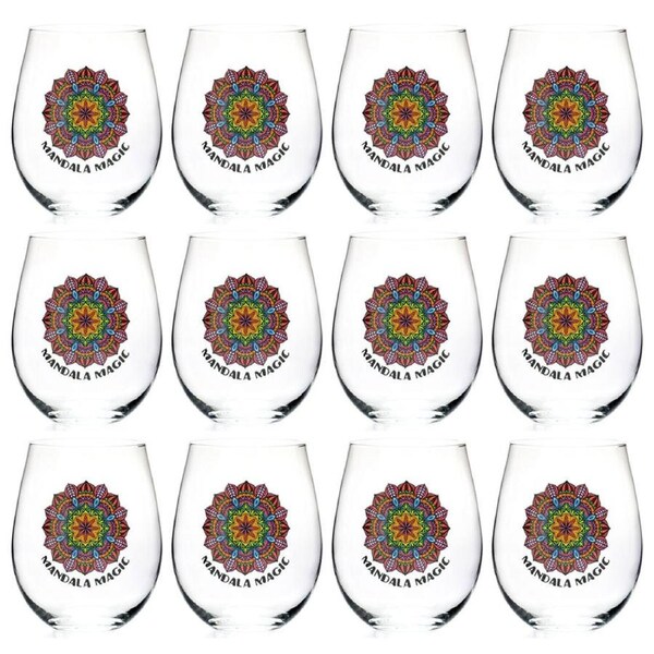 12PK Tallulah Wellness Stemless Wine Glass Tumbler Drinkware Mandala Clear