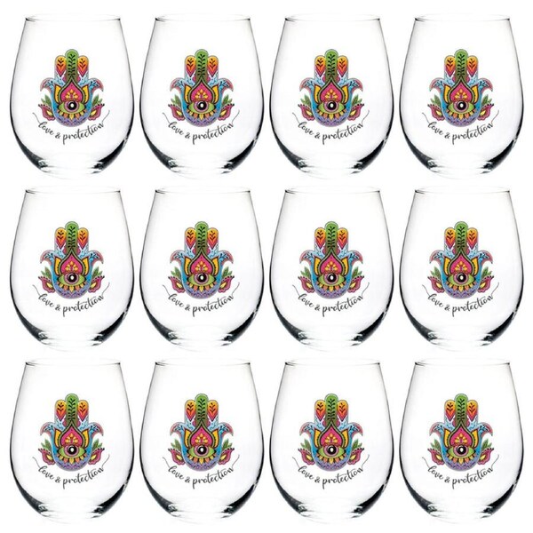 12PK Tallulah Wellness Stemless Wine Glass Tumbler Drinkware Hamsa Clear