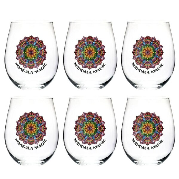 6PK Tallulah Wellness Stemless Wine Glass Tumbler Drinkware Mandala Clear