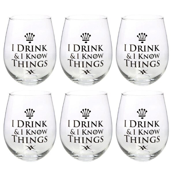 6PK Tallulah Stemless Wine Glass Tumbler Party Drinkware I Drink Know Clear