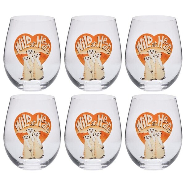 6PK Meerkat Stemless Wine Glass Tumbler Cup Party Drinkware Clear