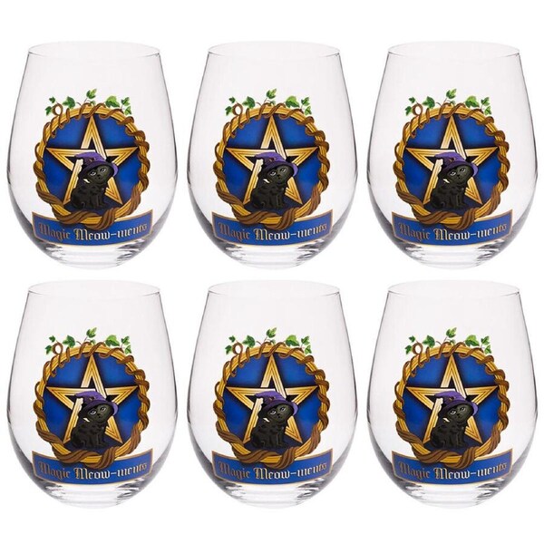6PK Tallulah Stemless Wine Glass Tumbler Party Drinkware Black Cat Clear
