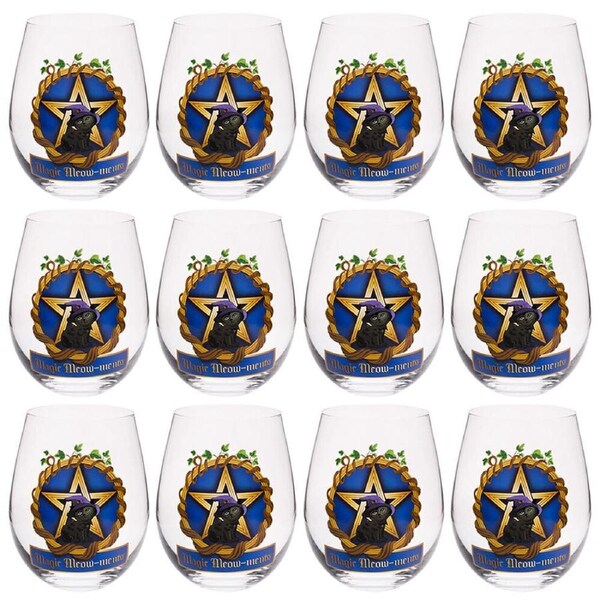 12PK Tallulah Stemless Wine Glass Tumbler Party Drinkware Black Cat Clear
