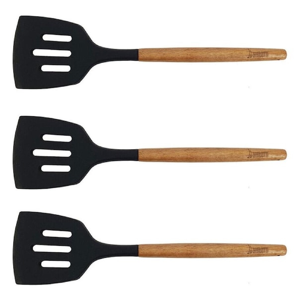 3PK Bialetti St. Clare Black Silicone Slotted Lifter Acacia Handle Cookware