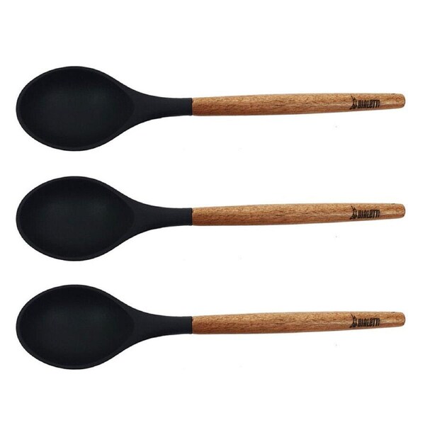 3PK Bialetti St. Clare Black Silicone Solid Spoon w/ Acacia Handle Cookware 31cm