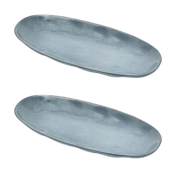 2PK St. Clare Oval Plate Glazed Ceramic Serving Dinner 35x17cm Reactive Blue