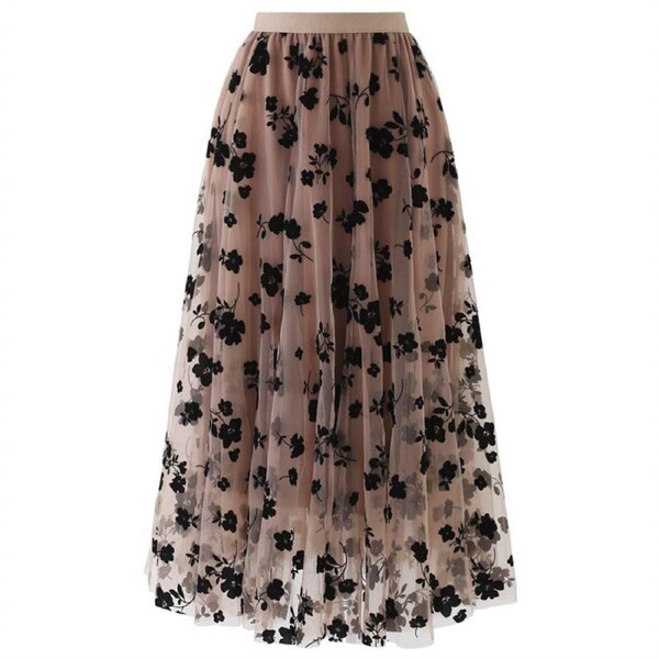 Nevenka Womens Elastic High Waist Tulle A-Line Swing Midi Skirt-Champagne