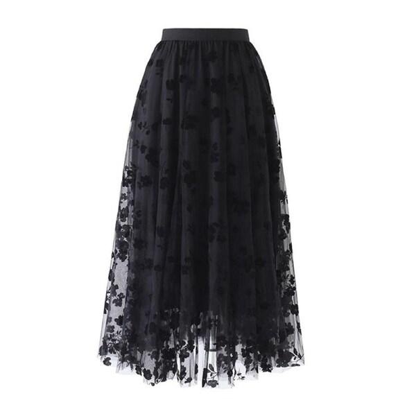 Nevenka Womens Elastic High Waist Tulle A-Line Swing Midi Skirt-Black