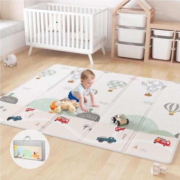 Advwin Foldable Baby Play Mat Extra Large Reversible Waterproof Activity Playmats Foam Floor Crawling Mat with Travel Bag 150/180*200cm Parachute / 150*200cm