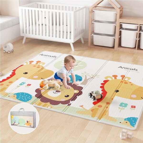 Advwin Foldable Baby Play Mat Extra Large Reversible Waterproof Activity Playmats Foam Floor Crawling Mat with Travel Bag 150/180*200cm Giraffe / 150*200cm