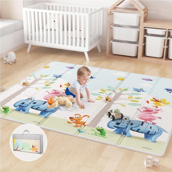 Advwin Foldable Baby Play Mat Extra Large Reversible Waterproof Activity Playmats Foam Floor Crawling Mat with Travel Bag 150/180*200cm Elephant / 150*200cm