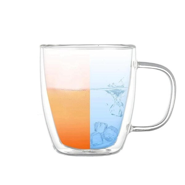 Double Wall Insulated Glass Tea Coffee Cup Drinking Mug With Handle 400ml