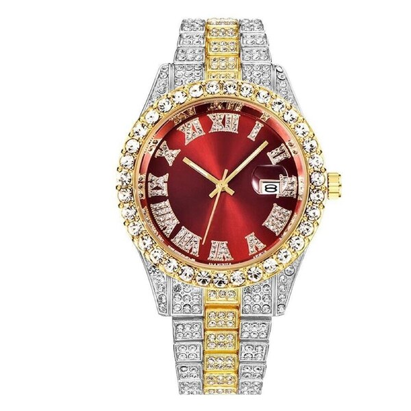 Mens Iced Hip Hop Watch Luxury Bling Diamond Stainless Steel Band Wristwatches Gradient Red