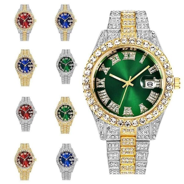 Mens Iced Hip Hop Watch Luxury Bling Diamond Stainless Steel Band Wristwatches Gradient Green