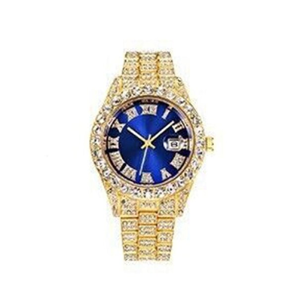 Mens Iced Hip Hop Watch Luxury Bling Diamond Stainless Steel Band Wristwatches Gold Blue