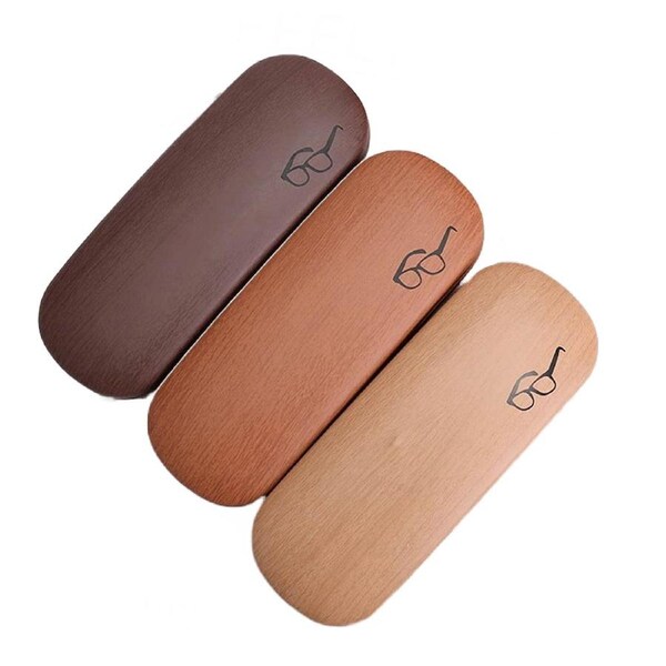 Wood Grain Hard Glasses Case Metal Reading Glasses Case PU Leather Eyeglass Box Light Coffee