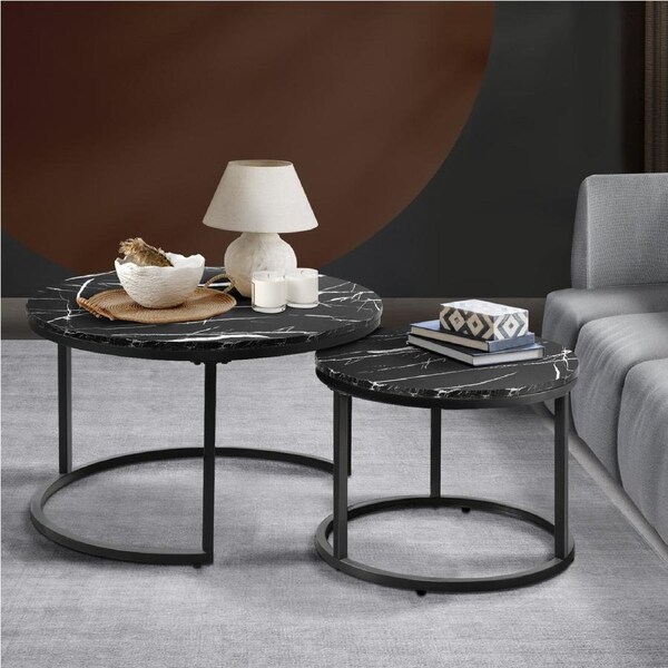 Oikiture Set of 2 Coffee Table Round Marble-like Nesting Side Tables Furniture Black & White