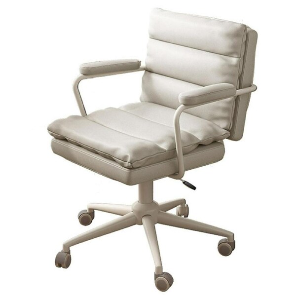 Foret Home Office Chair Computer Ergonomic Swivel Mid-Back Padding Wheel Armrest Greyish Beige (White Frame)02